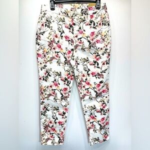 Chico’s Girlfriend Slim Leg Ankle Pants White with Pink Flowers and Butterflies
